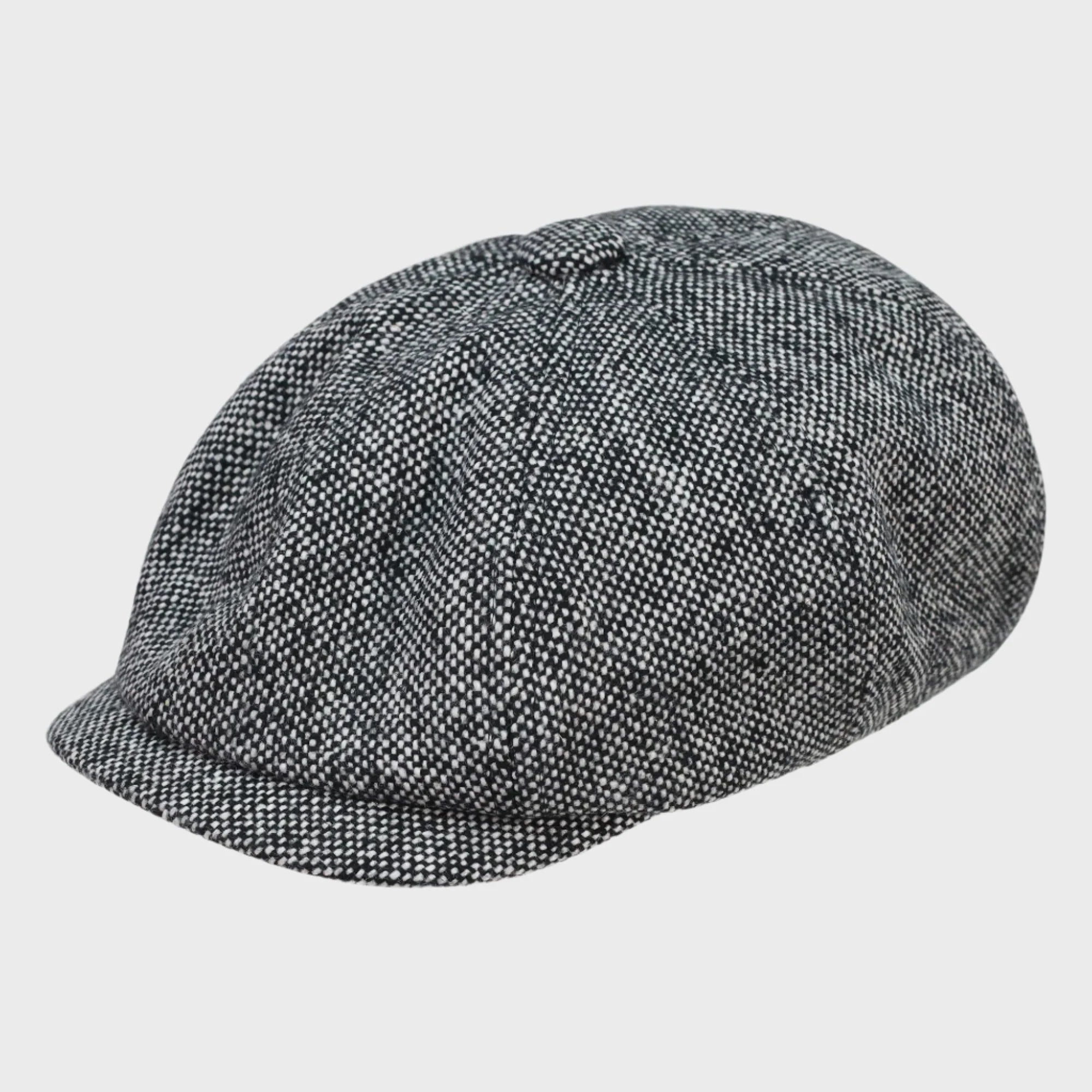 8 Panel Marl Tweed Flat Cap - Grey
