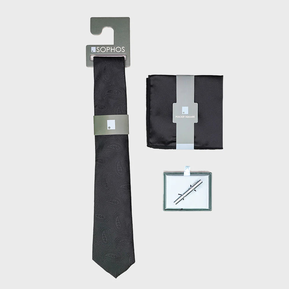Paisley Black Tie, Pocket Square and Tie Bar Bundle