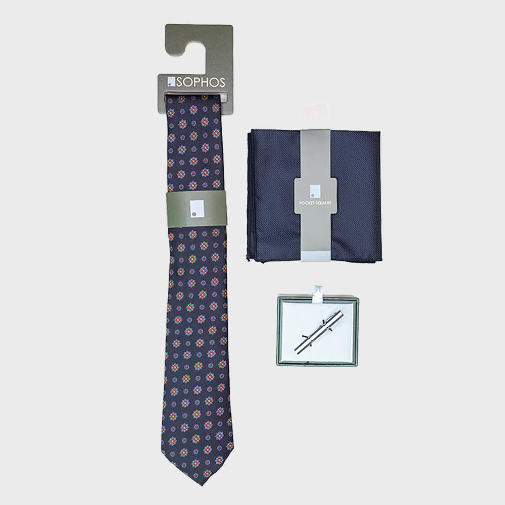 Navy Foulard Tie, Waffle Pocket Square and Tie Bar Bundle