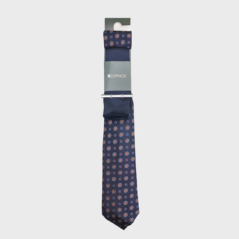 Navy Foulard Tie, Waffle Pocket Square and Tie Bar Bundle