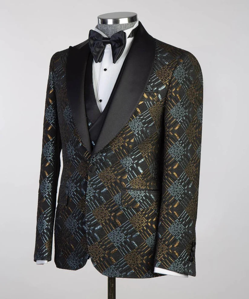 Men's Patterned Tuxedo-Asymmetrical Satin Lapel