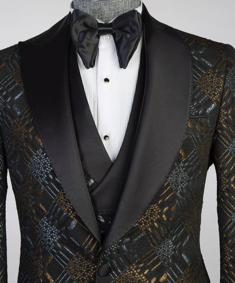 Men's Patterned Tuxedo-Asymmetrical Satin Lapel