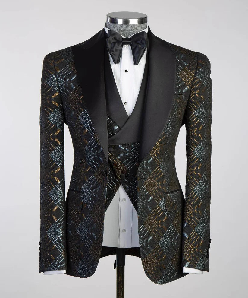 Men's Patterned Tuxedo-Asymmetrical Satin Lapel