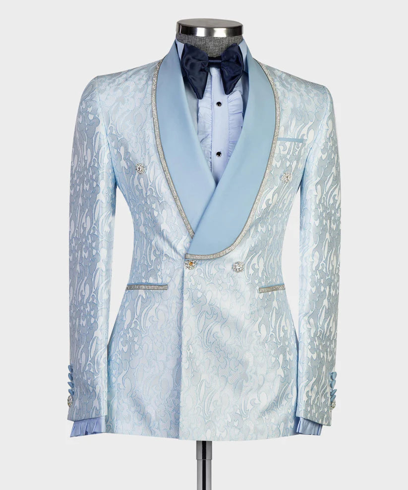Men's 2 Piece Blue Tuxedo Shiny Suit, Stoned