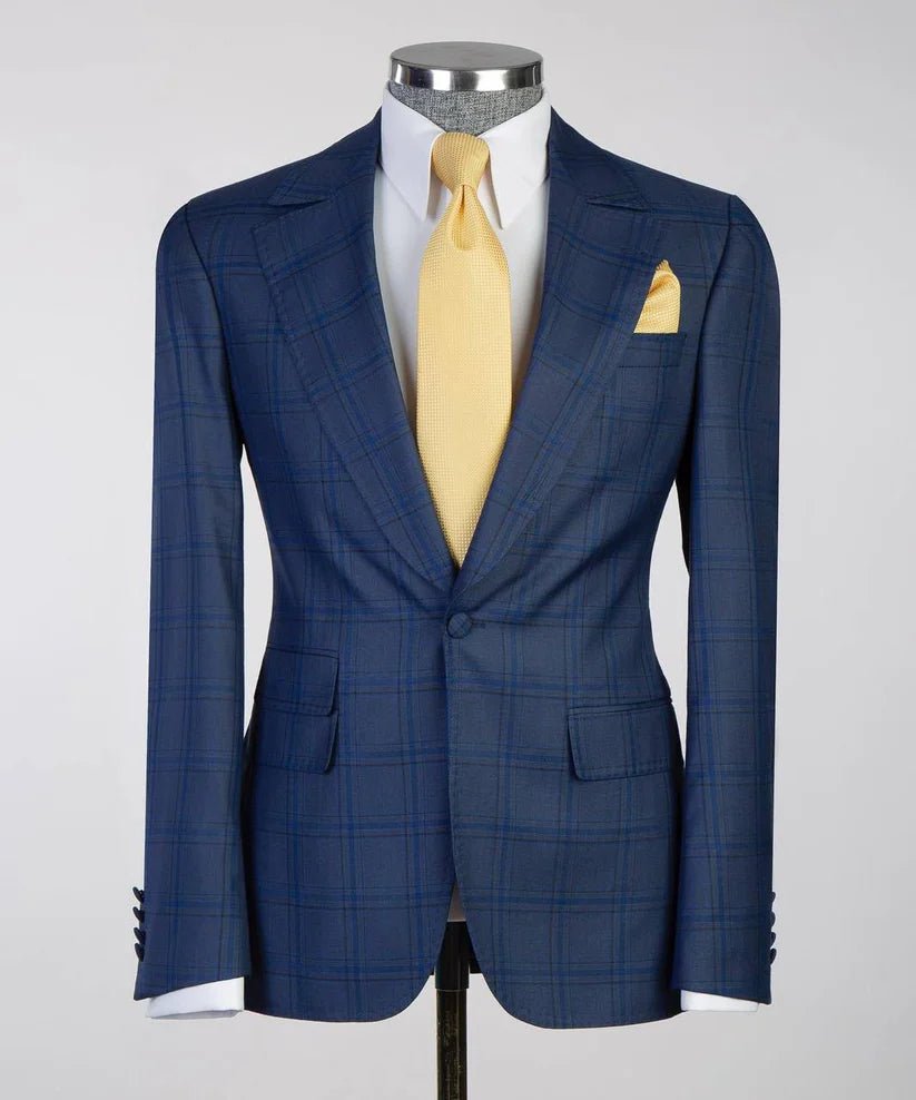 Men's Classic Blue Check Design Suit 3 Piece Set