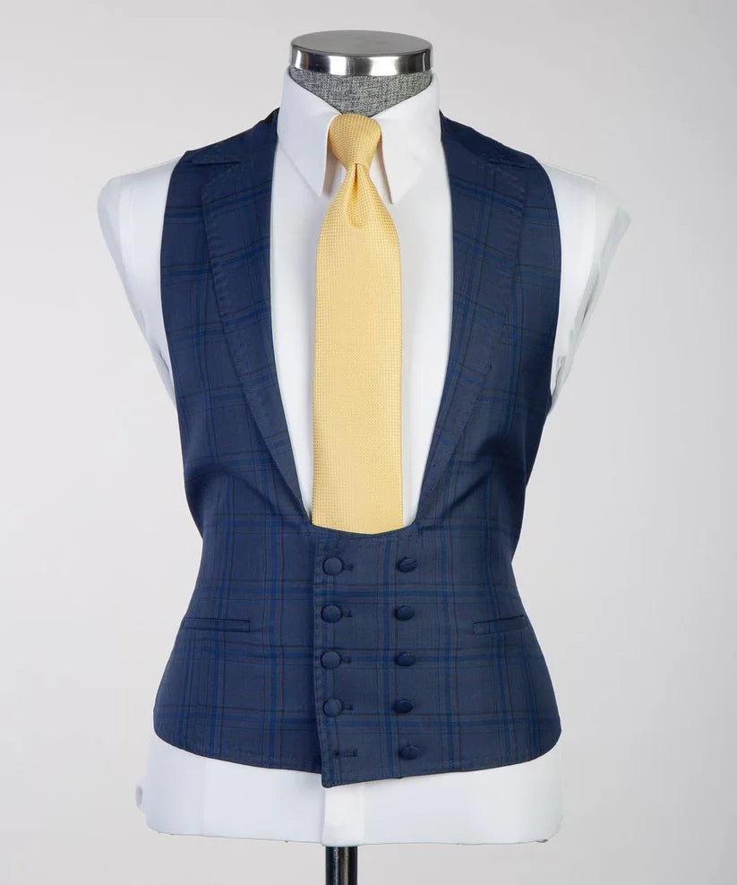 Men's Classic Blue Check Design Suit 3 Piece Set