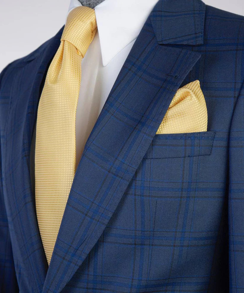 Men's Classic Blue Check Design Suit 3 Piece Set