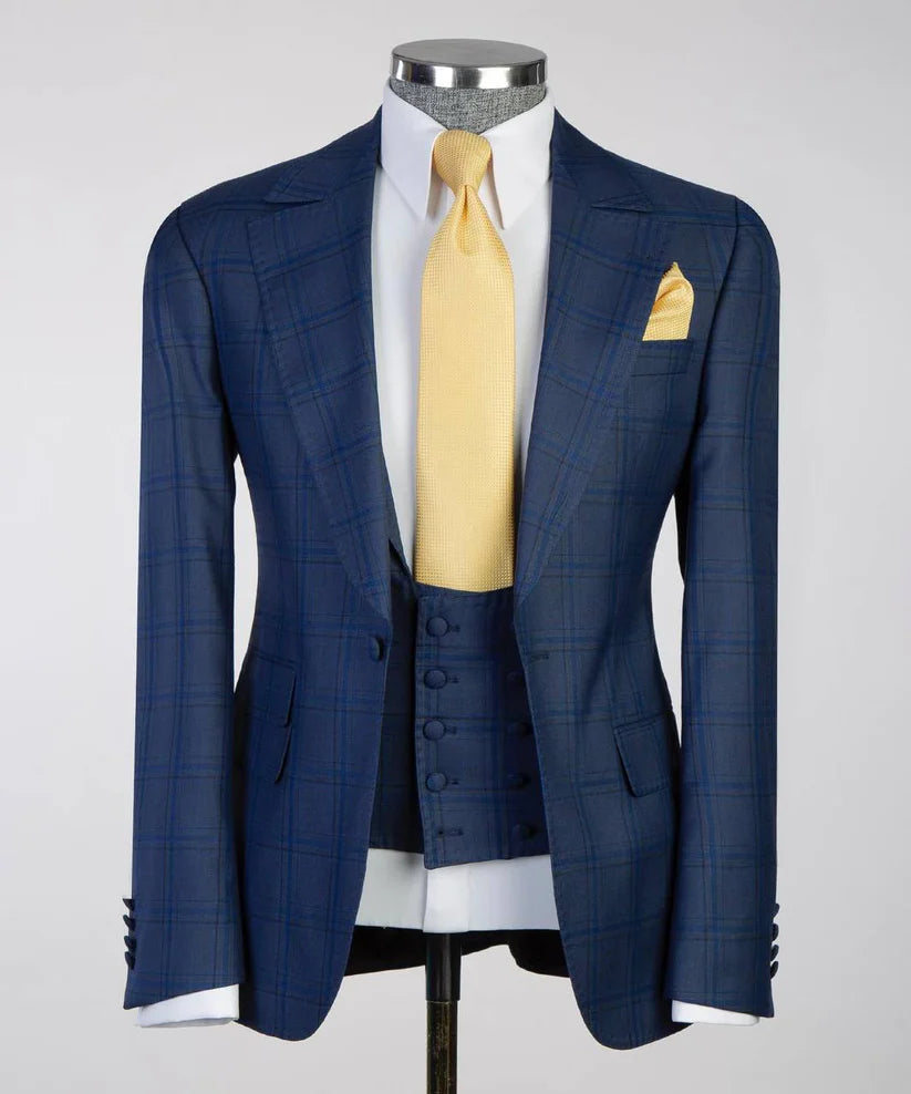 Men's Classic Blue Check Design Suit 3 Piece Set